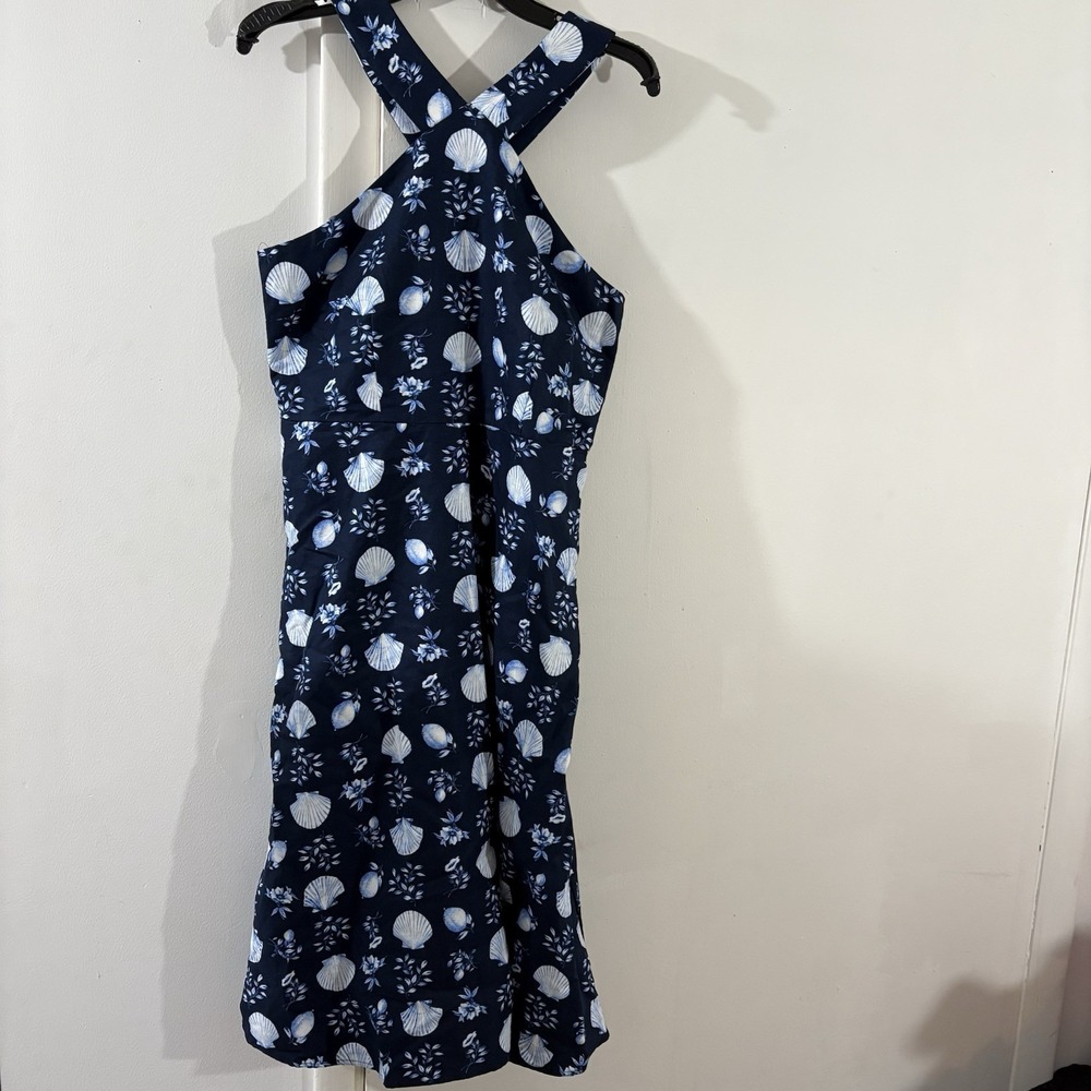 ANN TAYLOR NWT Linen Blend Seashell Navy Halter Dress Sz 10 Coastal Nautical